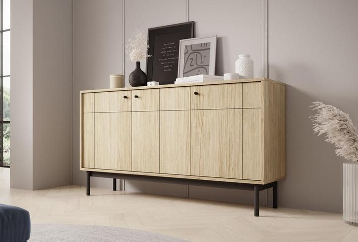 Meubella | Dressoir eiken 154cm | Opbergkast 3 deuren, Huis en Inrichting, Kasten | Dressoirs, 25 tot 50 cm, Nieuw, 150 tot 200 cm