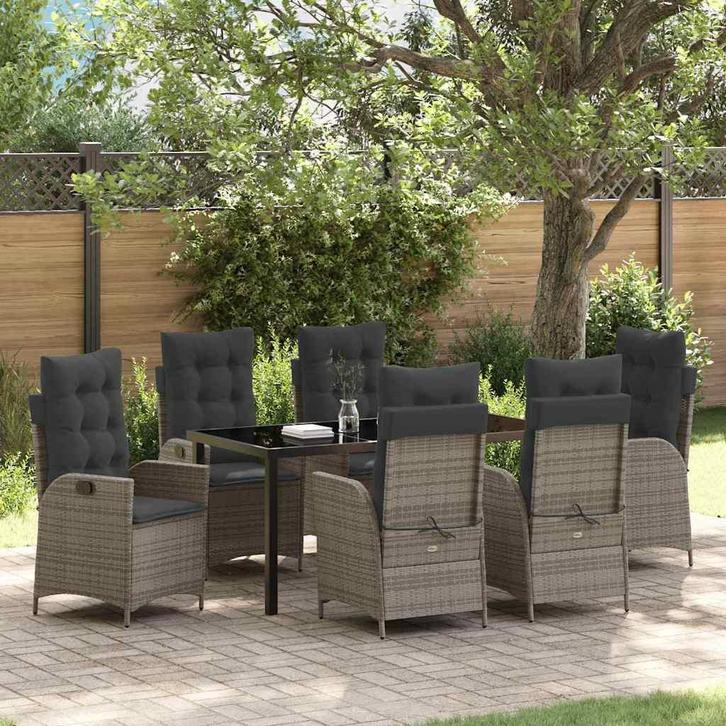 vidaXL Tuin Eettafel Set met kussen 7 pcs Grijs poly rattan, Tuin en Terras, Tuinsets en Loungesets, Nieuw, Verzenden
