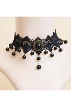 Choker Zwart Kant met Kraaltjes en Kettinkjes 2 Kanten Zwart, Handtassen en Accessoires, Kettingen, Ophalen of Verzenden, Nieuw