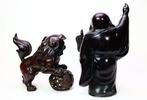 35cm bronze Hotei & Shishi - sculptuur - Gepatineerd brons -