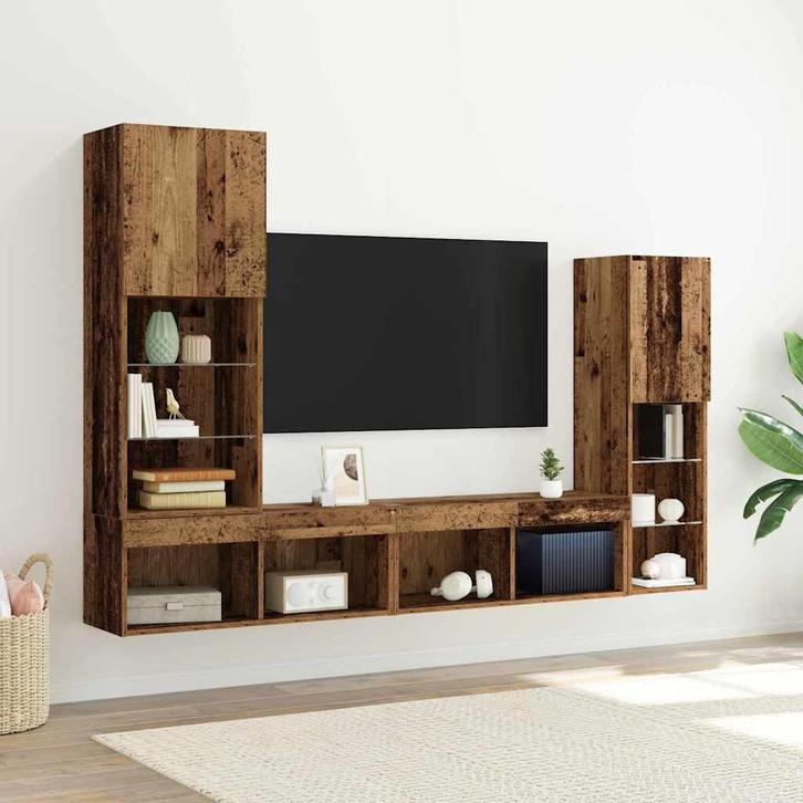 vidaXL TV Kast met LED -striplichten 4 pcs Oud hout Bewerkt, Huis en Inrichting, Kasten |Televisiemeubels, Nieuw, Verzenden