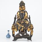 Statue - Bronze, Or - Seated Guanyin on a throne wearing a
